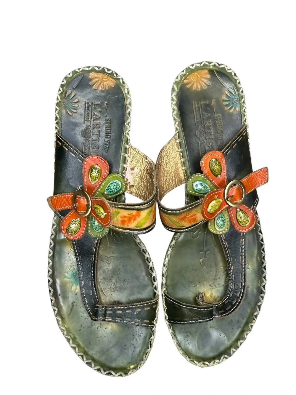 L'ATISTE Green Leather Boho Sandals with Orange Floral Accents